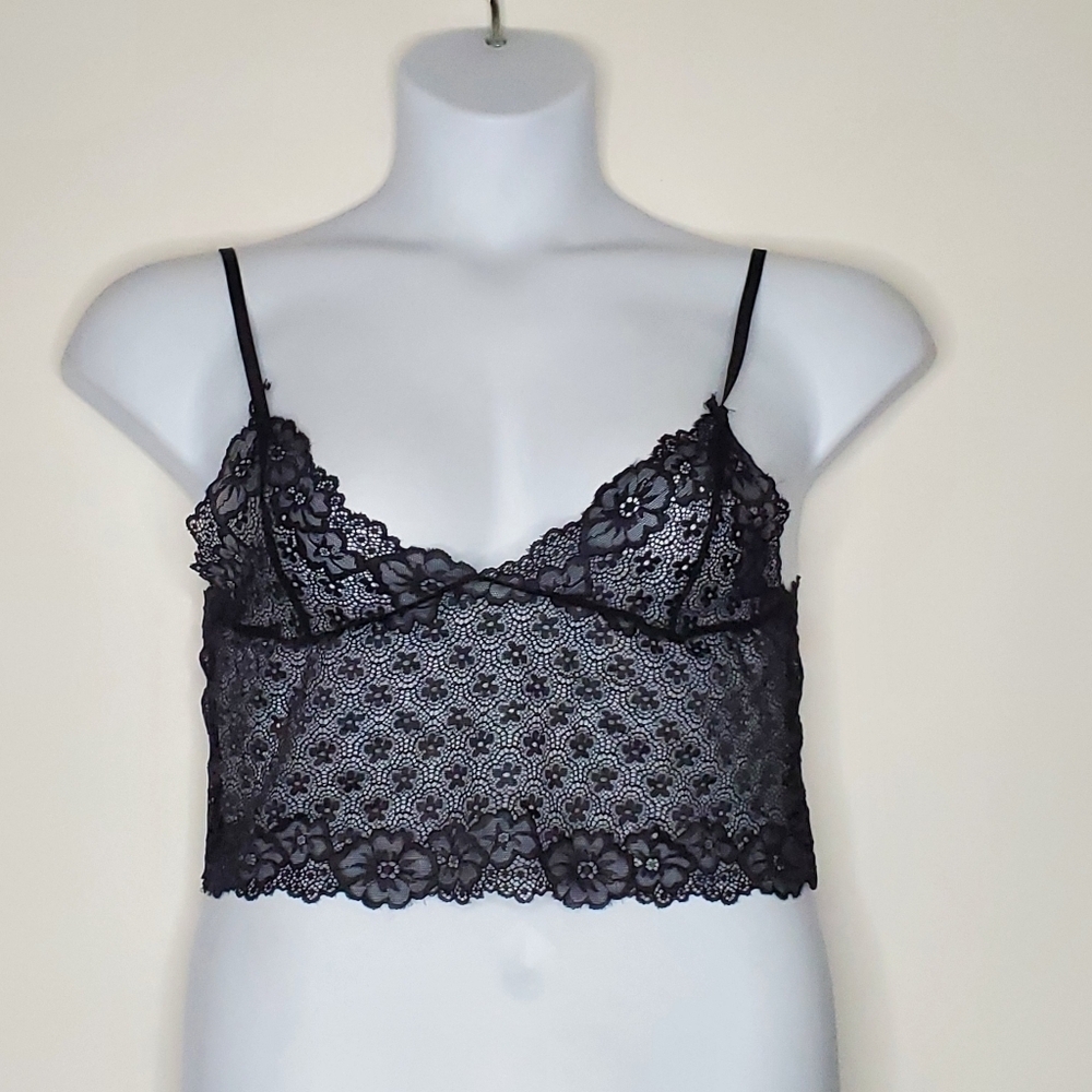 Midnight Lace Babydoll Top Size L Black Cropped Sheer Stretch Y2K Bralette NEW